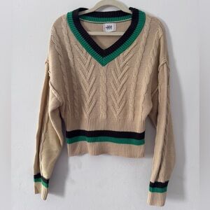 BDG Beige Cable-Knit V-Neck Sweater with Green & Black Stripes